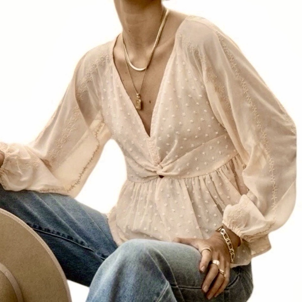 BOHME Women L Peach Swiss Dot Chiffon Peplum Blouse Boho Romantic Cottagecore